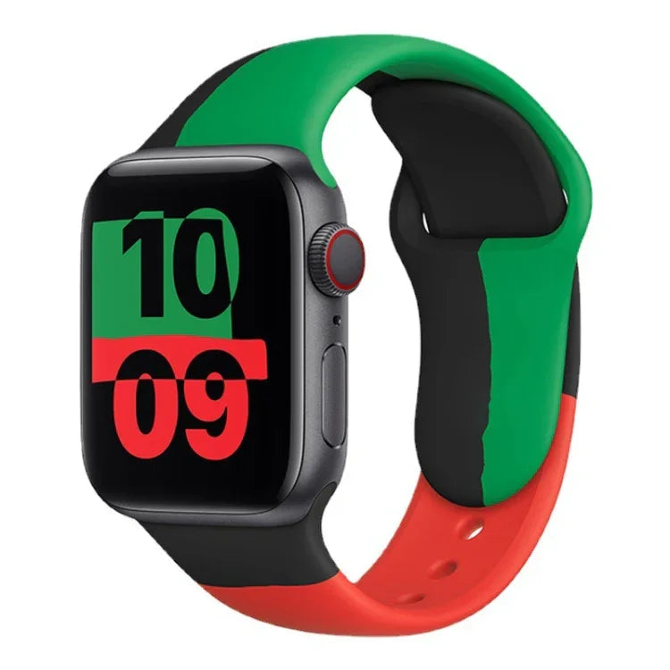 Schwarze Unity Silikon-Sportarmbänder als Ersatz für Apple Watch Series 6, SE, 5 und 4 (40 mm) sowie 3, 2 und 1 (38 mm) und Apple Watch (40 mm/38 mm).