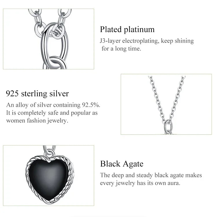 Schwarze Herz-Halskette für Damen aus 925er Sterlingsilber