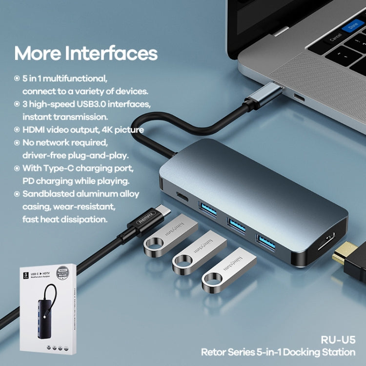 Remax RU-U5 5-in-1 Multifunktionaler Typ-C / USB-C HUB Dockingstation, 5-in-1