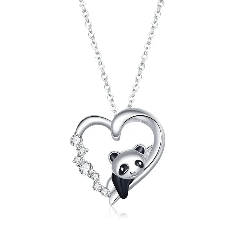 Herzförmige Panda-Damenhalskette aus 925er Sterlingsilber, Panda