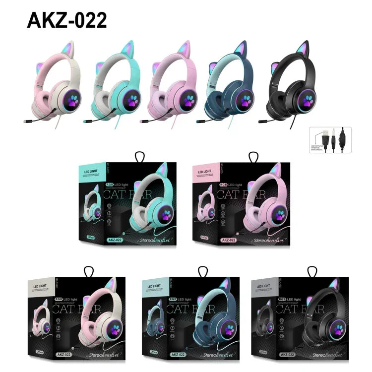 AKZ-022 USB + 3.5mm Anschluss Katzenohr Design Faltbares LED-Headset mit Mikrofon