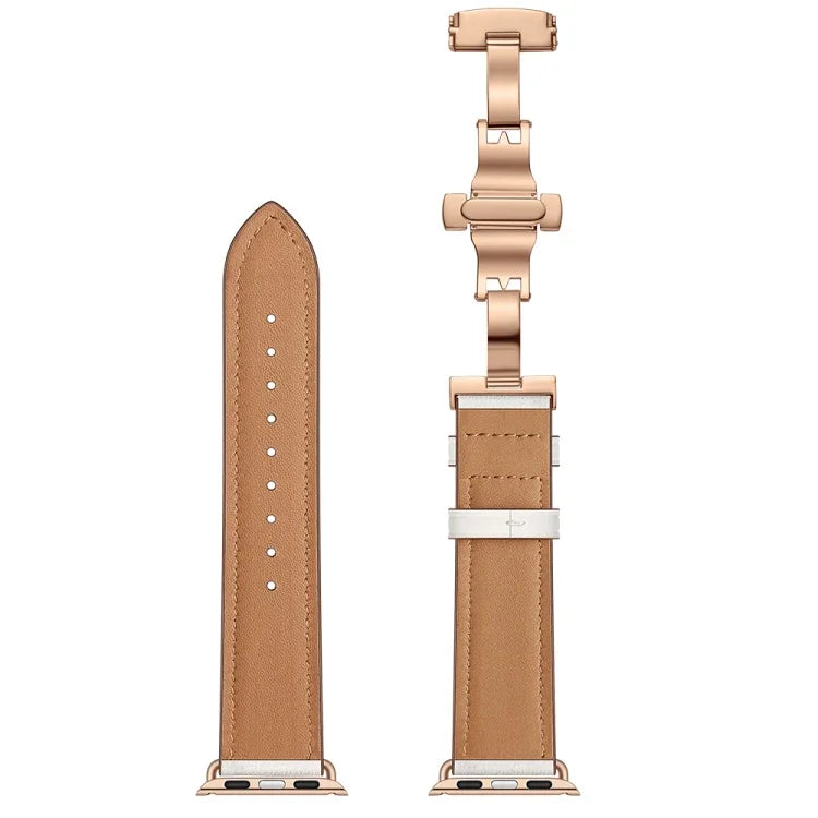 Genuine Leather + Butterfly Rose Gold Buckle Replacement Watchbands For Apple Watch Series 6 & SE & 5 & 4 40mm / 3 & 2 & 1 38mm, Rose Gold Buckle For Apple Watch Series 7 41mm / 6 & SE & 5 & 4 40mm / 3 & 2 & 1 38mm                                      ...