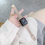Color matching steel replacement strap for Apple Watch shown on wrist, compatible with multiple series including 7, 6, SE.