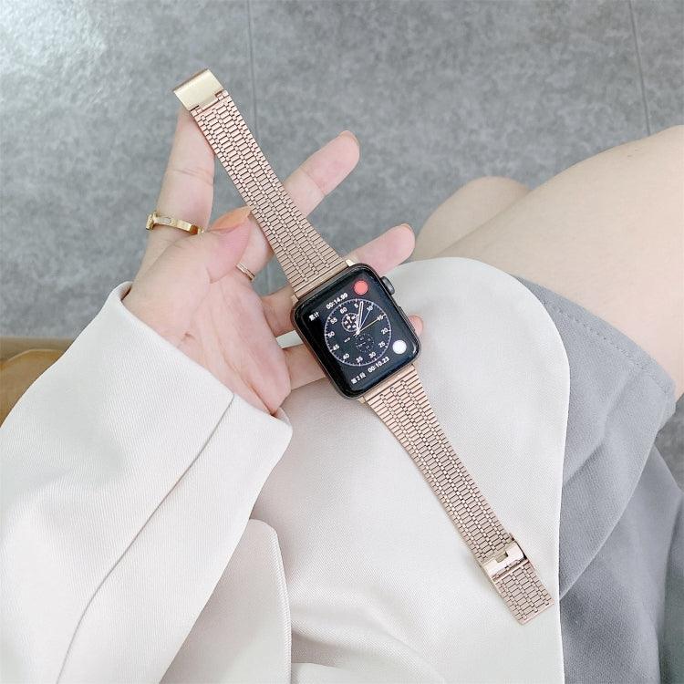 Color matching steel replacement strap for Apple Watch shown on wrist, compatible with multiple series including 7, 6, SE.