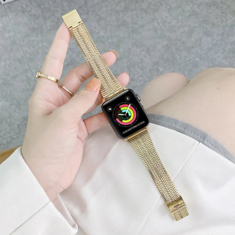 Double Lines Steel Replacement Strap Watchband for Apple Watch Series 7 41mm and 45mm, featuring a gold steel design.