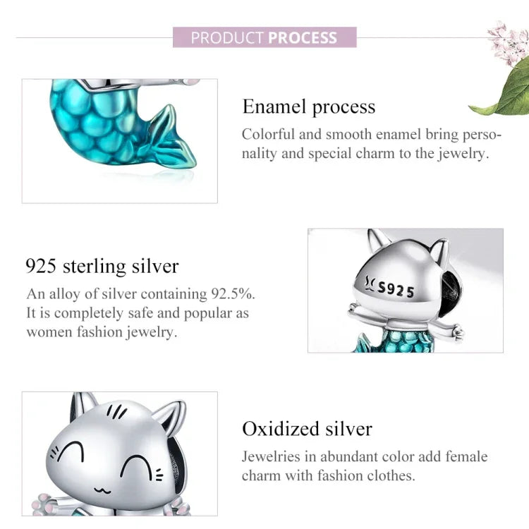 S925 Sterling Silber Katzen-Meerjungfrauen-Perlen DIY Armband Halskette Accessoires, Katzen-Meerjungfrau