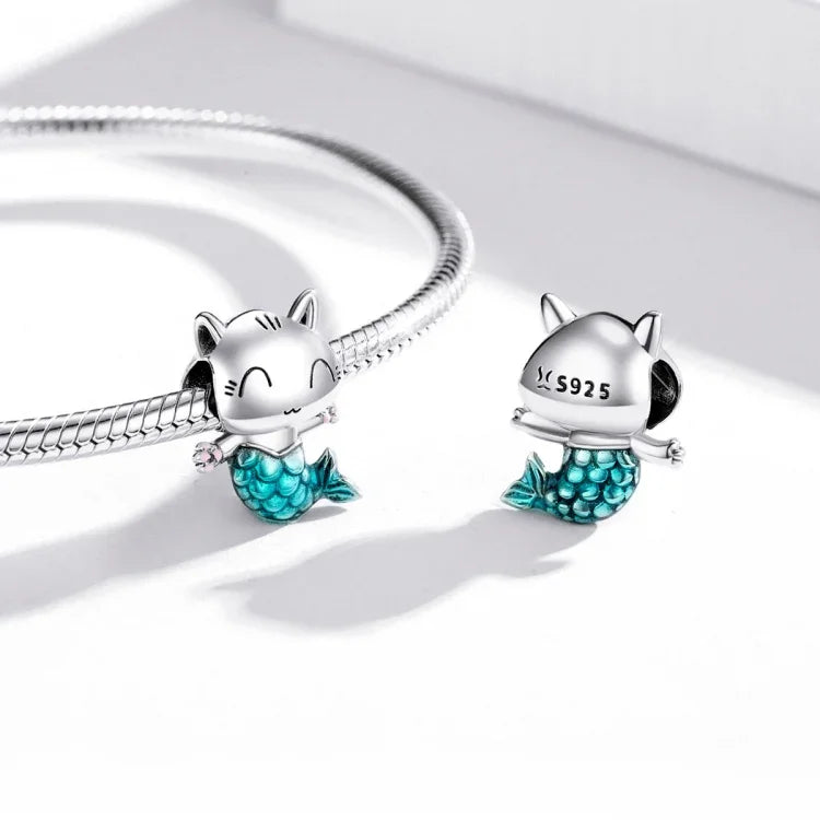 S925 Sterling Silber Katzen-Meerjungfrauen-Perlen DIY Armband Halskette Accessoires, Katzen-Meerjungfrau