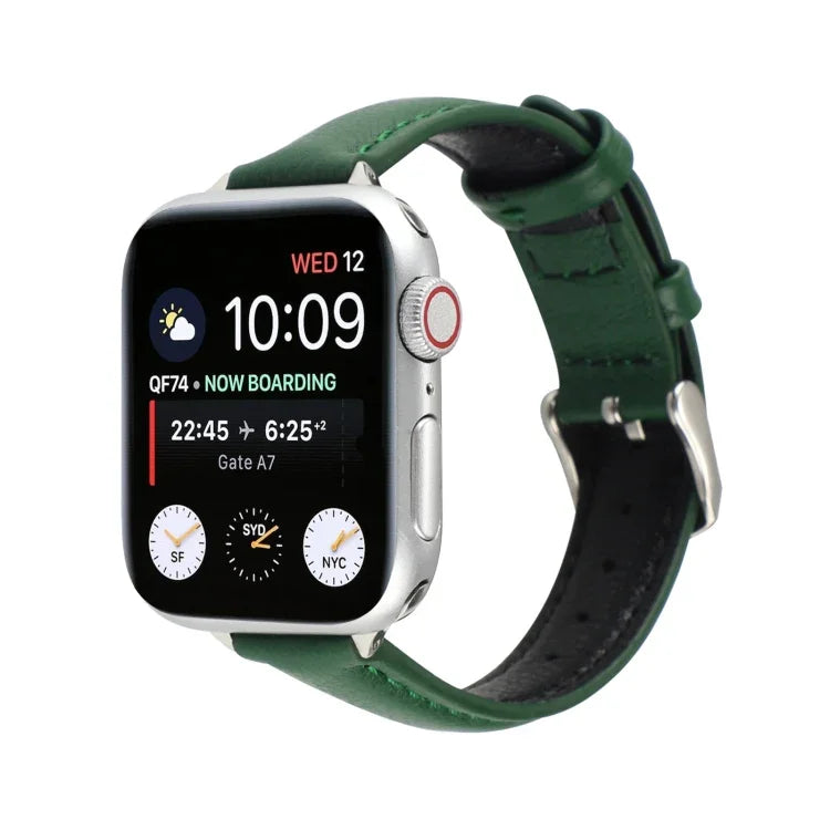 14mm Slim Genuine Leather Strap Watchband For Apple Watch Series, 7 45mm / 6 & SE & 5 & 4 44mm / 3 & 2 & 1 42mm, 7 41mm / 6 & SE & 5 & 4 40mm / 3 & 2 & 1 38mm