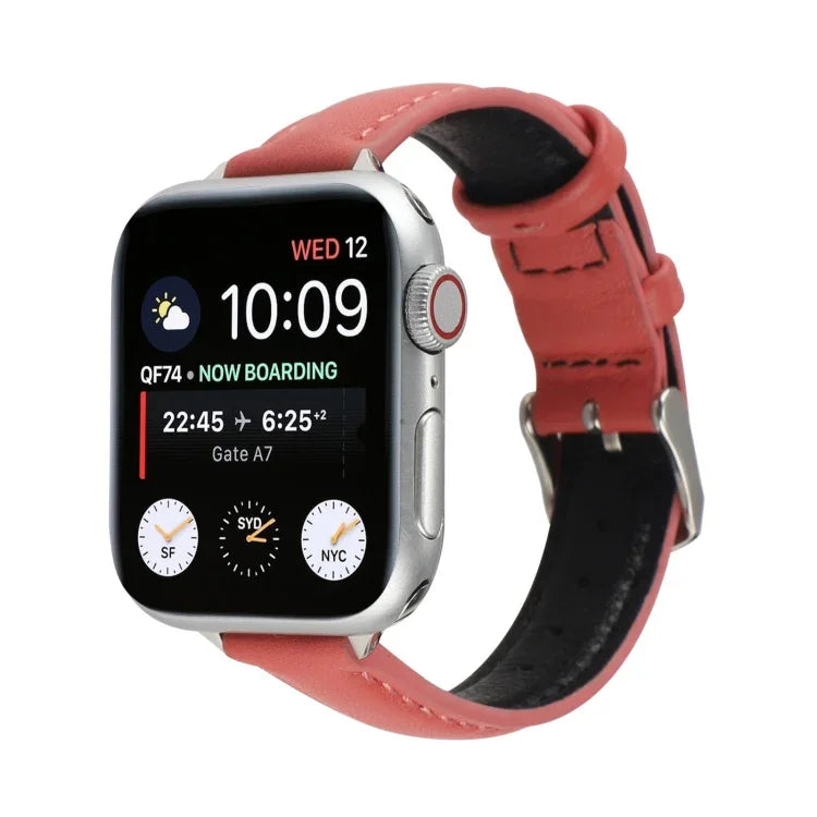 14mm Slim Genuine Leather Strap Watchband For Apple Watch Series, 7 45mm / 6 & SE & 5 & 4 44mm / 3 & 2 & 1 42mm, 7 41mm / 6 & SE & 5 & 4 40mm / 3 & 2 & 1 38mm
