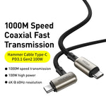 Baseus CATPN-01 100W 5A PD3.1 Gen2 USB-C / Type-C auf USB-C / Type-C HD Gleicher Bildschirm Koaxial-Hammerkabel, Kabellänge: 1,5m