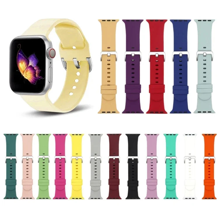 Silikon-Ersatzarmband mit silberner Dornschließe, passend für Apple Watch Series 7 (41 mm), 6, SE, 5 und 4 (40 mm) sowie für Apple Watch Series 7 (45 mm), 6, SE, 5 und 4 (44 mm).