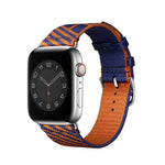 Two-color nylon braid replacement watch strap for Apple Watch, featuring a stylish blue and orange design.