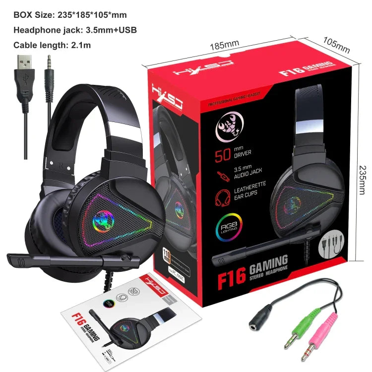 HXSJ F16 Gaming-Headset mit Mikrofon, RGB-Beleuchtung, Stereo, 3,5 mm + USB-Anschluss