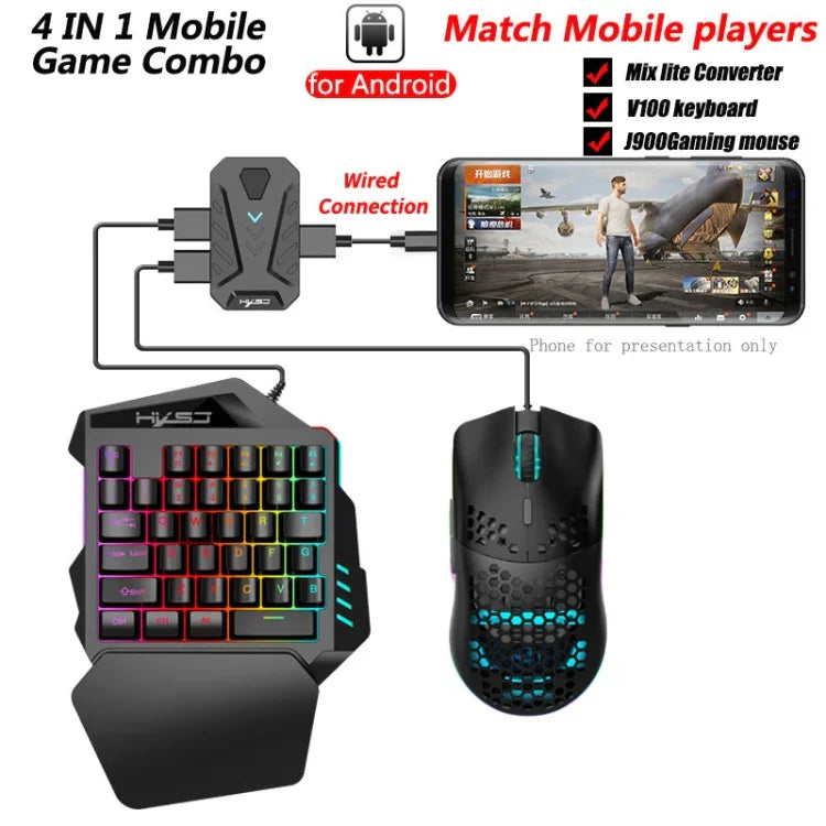 HXSJ V100+A883+P8 Einhand-Tastatur + Programmier-Gaming-Maus + Tastatur-Maus-Konverter-Set, V100+J900+P8