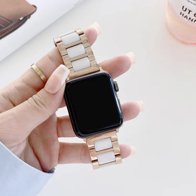 22mm Width Three Beads Ceramics Steel Replacement Strap Watchband For Apple Watch Series, 7 41mm / 6 & SE & 5 & 4 40mm / 3 & 2 & 1 38mm, 7 45mm / 6 & SE & 5 & 4 44mm / 3 & 2 & 1 42mm