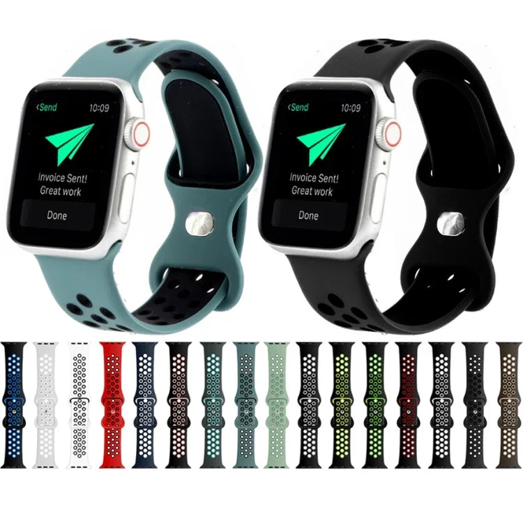 Zweifarbiges Armband aus Flüssigsilikon mit Schmetterlingsverschluss für Apple Watch Series 7 (41 mm), 6, SE, 5, 4 (40 mm), 3, 2, 1 (38 mm) und 7 (45 mm), 6, SE, 5, 4 (44 mm) sowie 3, 2, 1 (42 mm).