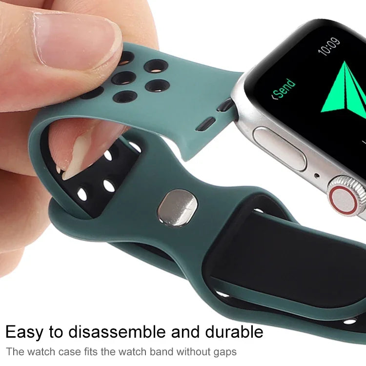 Zweifarbiges Armband aus Flüssigsilikon mit Schmetterlingsverschluss für Apple Watch Series 7 (41 mm), 6, SE, 5, 4 (40 mm), 3, 2, 1 (38 mm) und 7 (45 mm), 6, SE, 5, 4 (44 mm) sowie 3, 2, 1 (42 mm).