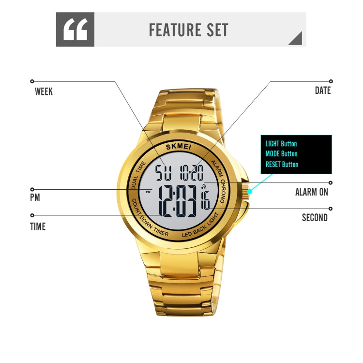 SKMEI 1712 Dual Time LED Digitalanzeige Leuchtende Edelstahlarmband Elektronische Uhr