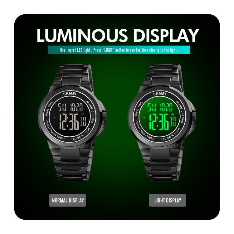 SKMEI 1712 Dual Time LED Digitalanzeige Leuchtende Edelstahlarmband Elektronische Uhr