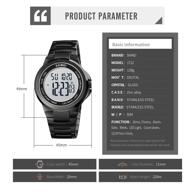 SKMEI 1712 Dual Time LED Digitalanzeige Leuchtende Edelstahlarmband Elektronische Uhr