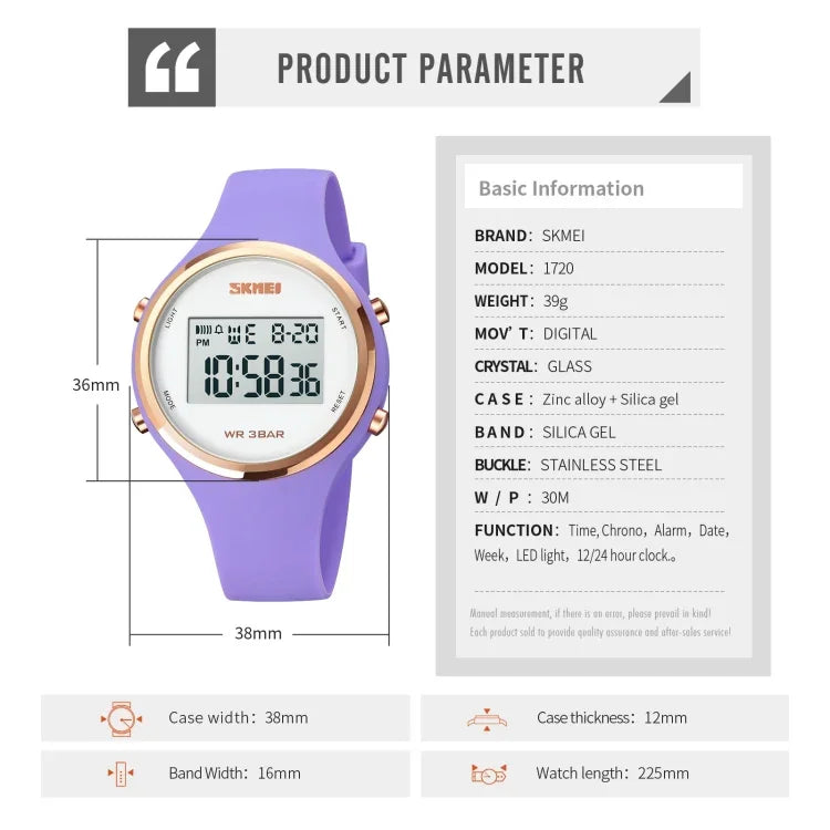 SKMEI 1720 Runde Zifferblatt LED Digitalanzeige Leuchtendes Silikonarmband Elektronische Uhr