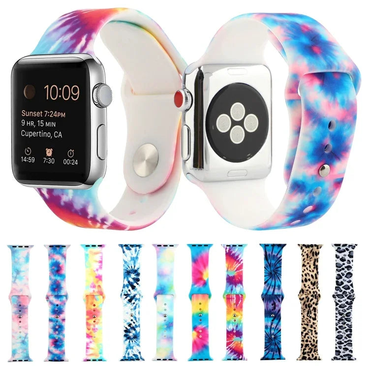Silicone Painted Pattern Replacement Watchband For Apple Watch Series, 7 41mm / 6 & SE & 5 & 4 40mm / 3 & 2 & 1 38mm, 7 45mm / 6 & SE & 5 & 4 44mm / 3 & 2 & 1 42mm