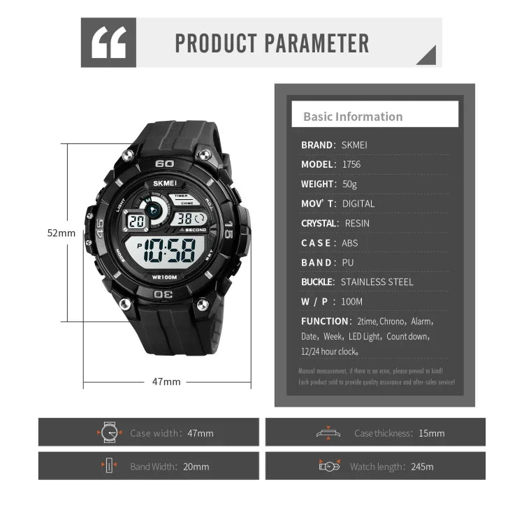 SKMEI 1756 Dualzeit Countdown-Wecker Herren Sport Leuchtende Elektronische Uhr