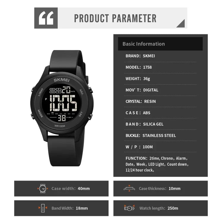 SKMEI 1758 Multifunktions-LED-Digitalanzeige leuchtende elektronische Uhr mit Silikonarmband
