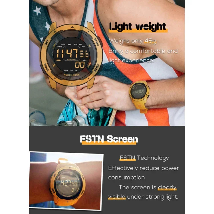 NORTH EDGE Mars Herren Leuchtende Digitale Wasserdichte Smart Sportuhr, unterstützt Wecker & Countdown & Sportmodus