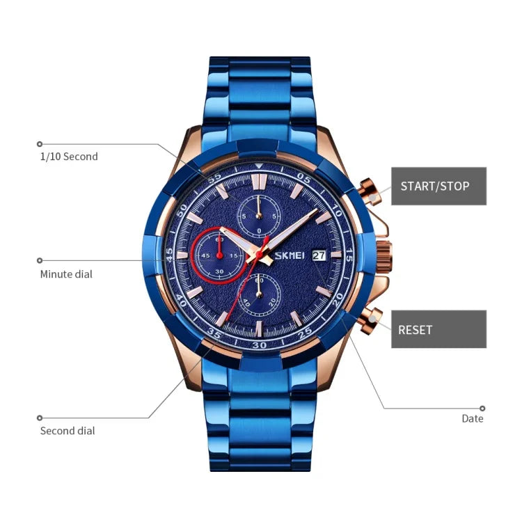SKMEI 9192 Herren Kalender Timing Edelstahlarmband Leuchtquarz-Uhr