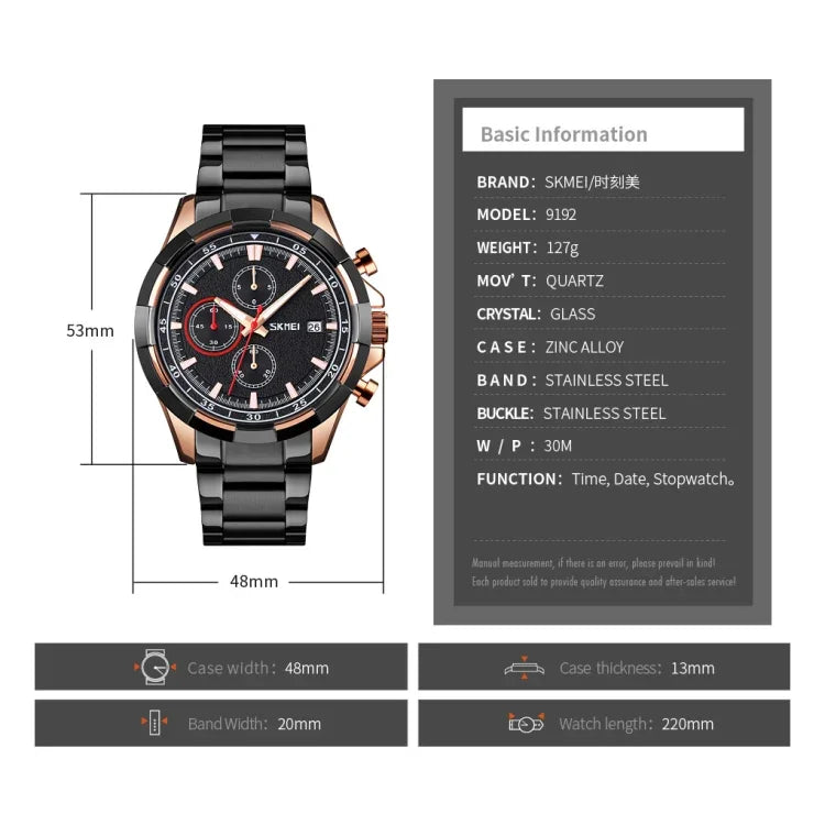 SKMEI 9192 Herren Kalender Timing Edelstahlarmband Leuchtquarz-Uhr