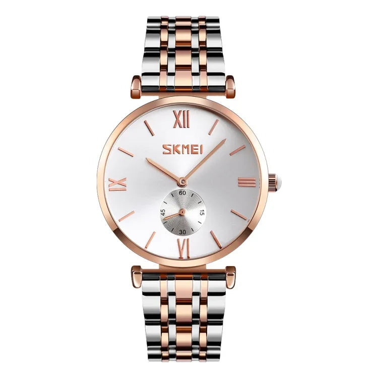 SKMEI 9198 Schlichte Quarzuhr mit römischen Ziffern und Metallarmband für Paare