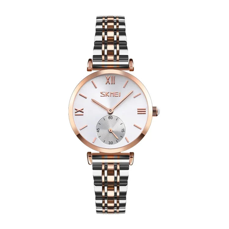 SKMEI 9198 Schlichte Quarzuhr mit römischen Ziffern und Metallarmband für Paare