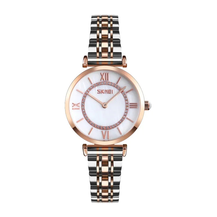 SKMEI 9198 Schlichte Quarzuhr mit römischen Ziffern und Metallarmband für Paare