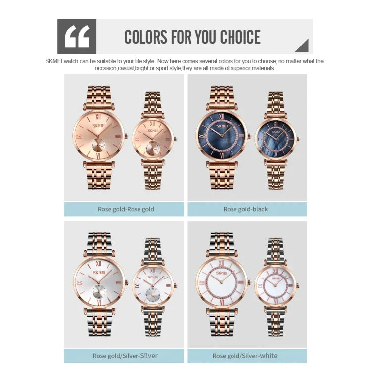 SKMEI 9198 Schlichte Quarzuhr mit römischen Ziffern und Metallarmband für Paare
