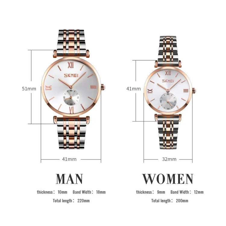 SKMEI 9198 Schlichte Quarzuhr mit römischen Ziffern und Metallarmband für Paare