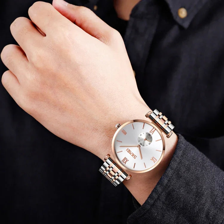 SKMEI 9198 Schlichte Quarzuhr mit römischen Ziffern und Metallarmband für Paare