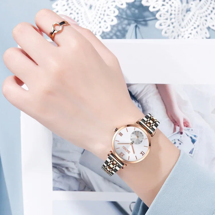 SKMEI 9198 Schlichte Quarzuhr mit römischen Ziffern und Metallarmband für Paare