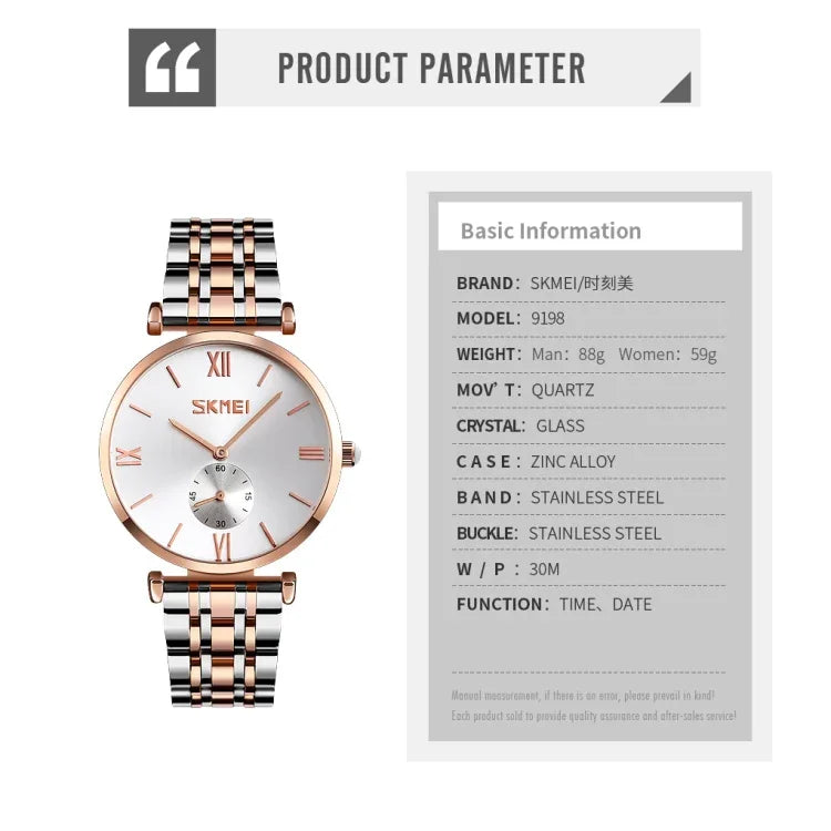 SKMEI 9198 Schlichte Quarzuhr mit römischen Ziffern und Metallarmband für Paare