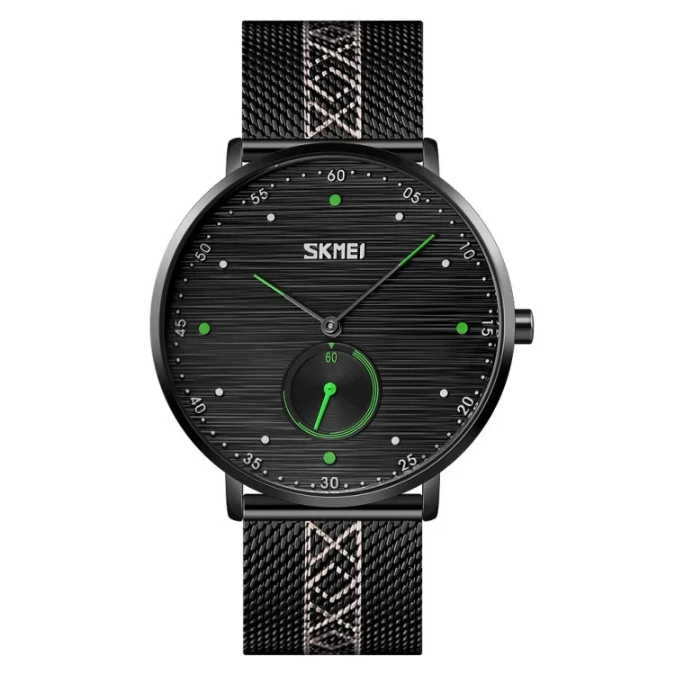 SKMEI 9218 Herren Quarz-Armbanduhr mit horizontal gestreiftem Zifferblatt und arabischen Ziffern, Milanaise-Armband