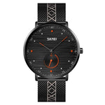 SKMEI 9218 Herren Quarz-Armbanduhr mit horizontal gestreiftem Zifferblatt und arabischen Ziffern, Milanaise-Armband