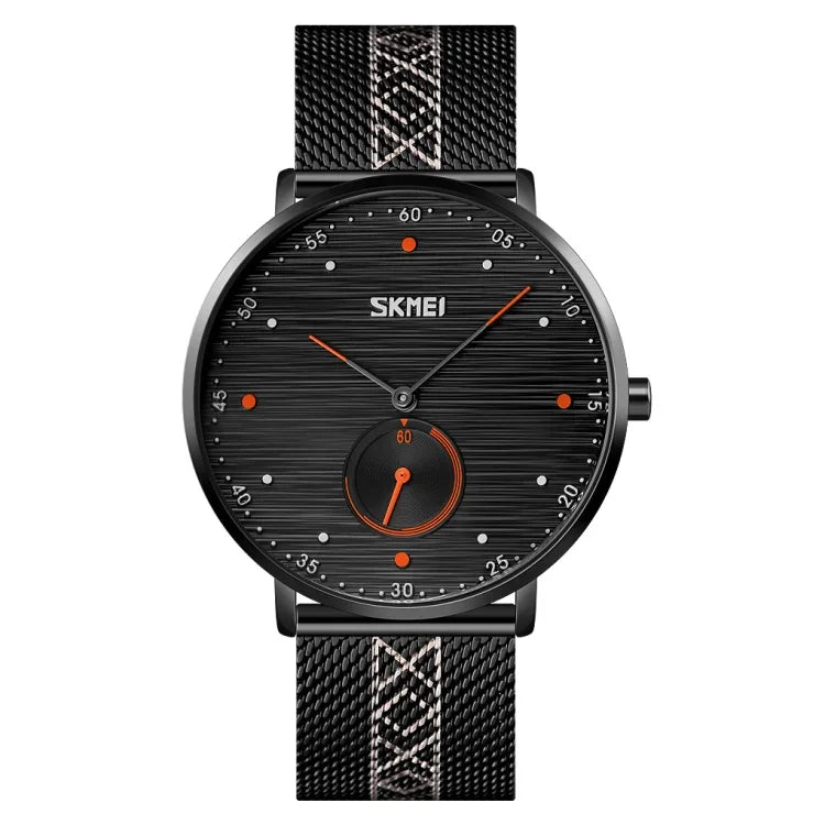 SKMEI 9218 Herren Quarz-Armbanduhr mit horizontal gestreiftem Zifferblatt und arabischen Ziffern, Milanaise-Armband