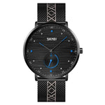 SKMEI 9218 Herren Quarz-Armbanduhr mit horizontal gestreiftem Zifferblatt und arabischen Ziffern, Milanaise-Armband