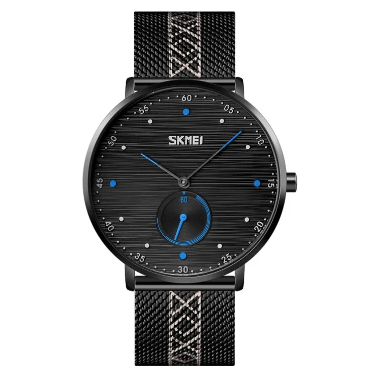 SKMEI 9218 Herren Quarz-Armbanduhr mit horizontal gestreiftem Zifferblatt und arabischen Ziffern, Milanaise-Armband