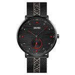 SKMEI 9218 Herren Quarz-Armbanduhr mit horizontal gestreiftem Zifferblatt und arabischen Ziffern, Milanaise-Armband