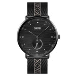 SKMEI 9218 Herren Quarz-Armbanduhr mit horizontal gestreiftem Zifferblatt und arabischen Ziffern, Milanaise-Armband
