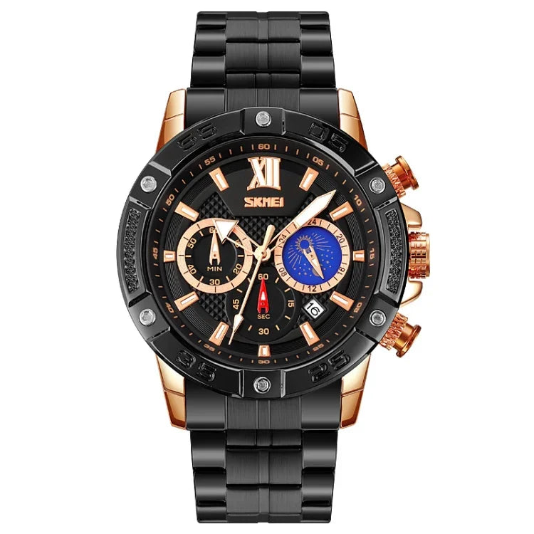 SKMEI 9235 Herrenuhr mit Mondphase, Stoppuhr, Edelstahlarmband, Quarzuhr