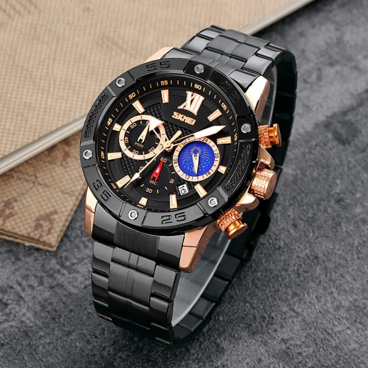 SKMEI 9235 Herrenuhr mit Mondphase, Stoppuhr, Edelstahlarmband, Quarzuhr