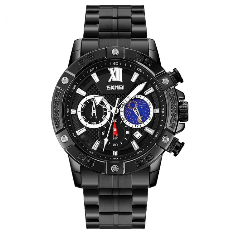 SKMEI 9235 Herrenuhr mit Mondphase, Stoppuhr, Edelstahlarmband, Quarzuhr