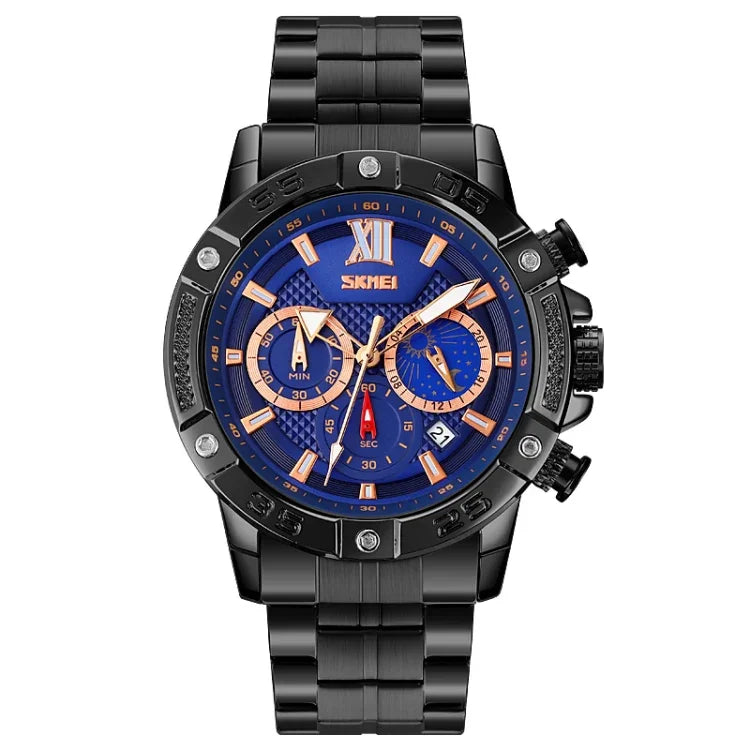 SKMEI 9235 Herrenuhr mit Mondphase, Stoppuhr, Edelstahlarmband, Quarzuhr